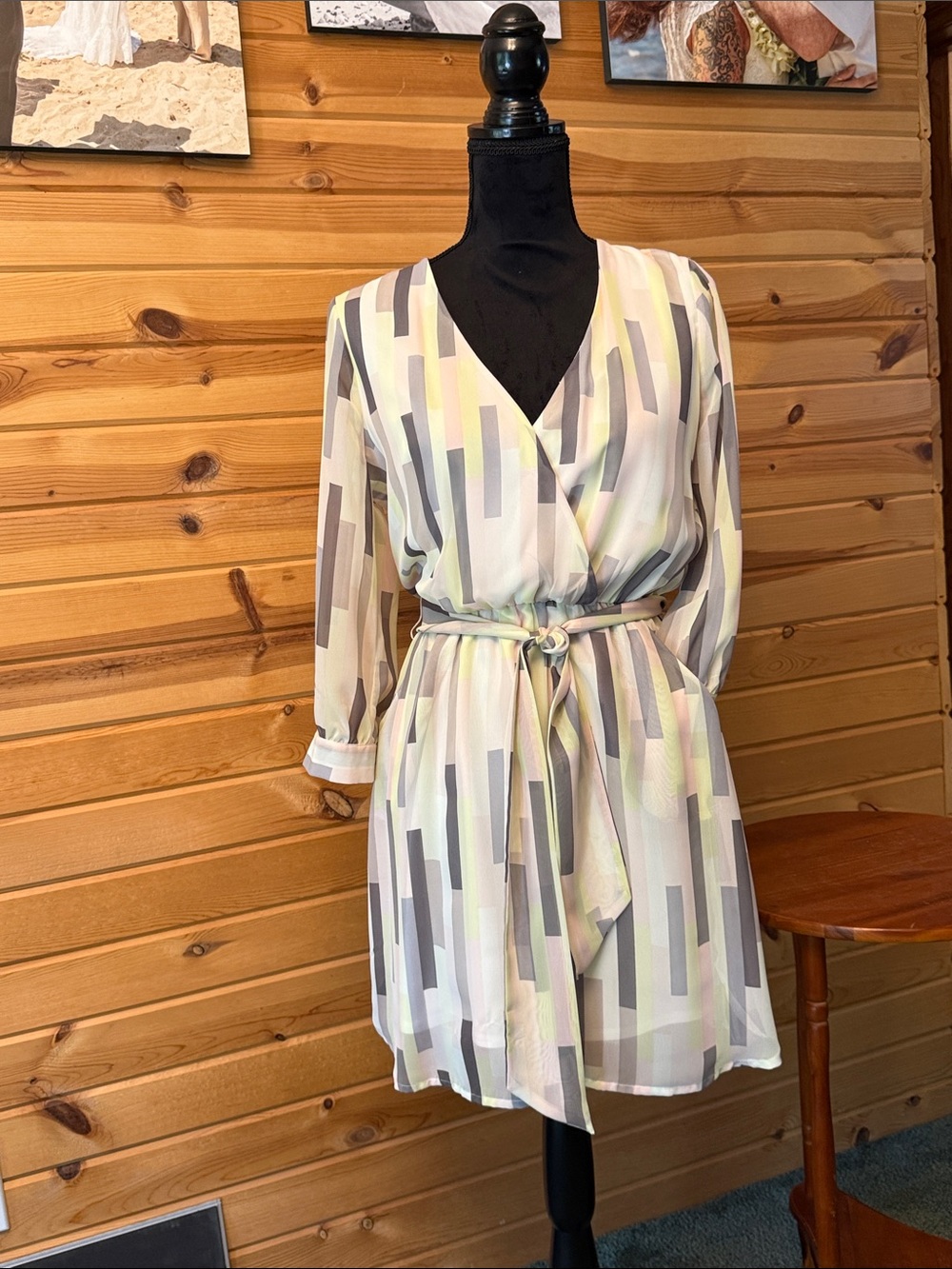 Bar III Pastel Geometric Wrap Dress in Mint, Cream & Gray